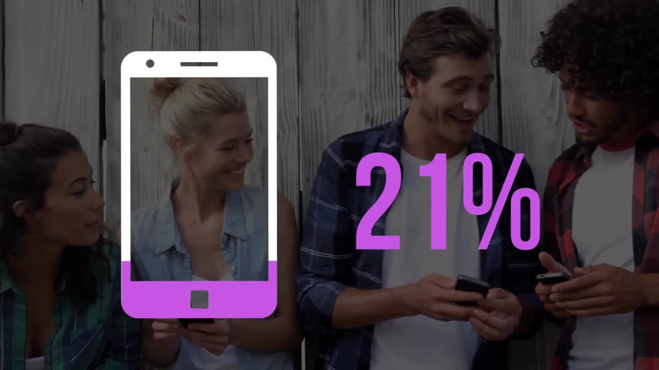 forma del teléfono inteligente y porcentaje de relleno en color con personas en el fondo