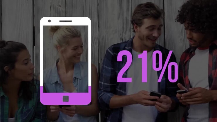 Smartphone-form og procentfyldning i farve med mennesker i baggrunden