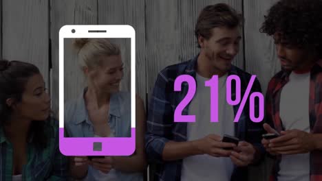 smartphone shape and percentage filling in colour with people in the background