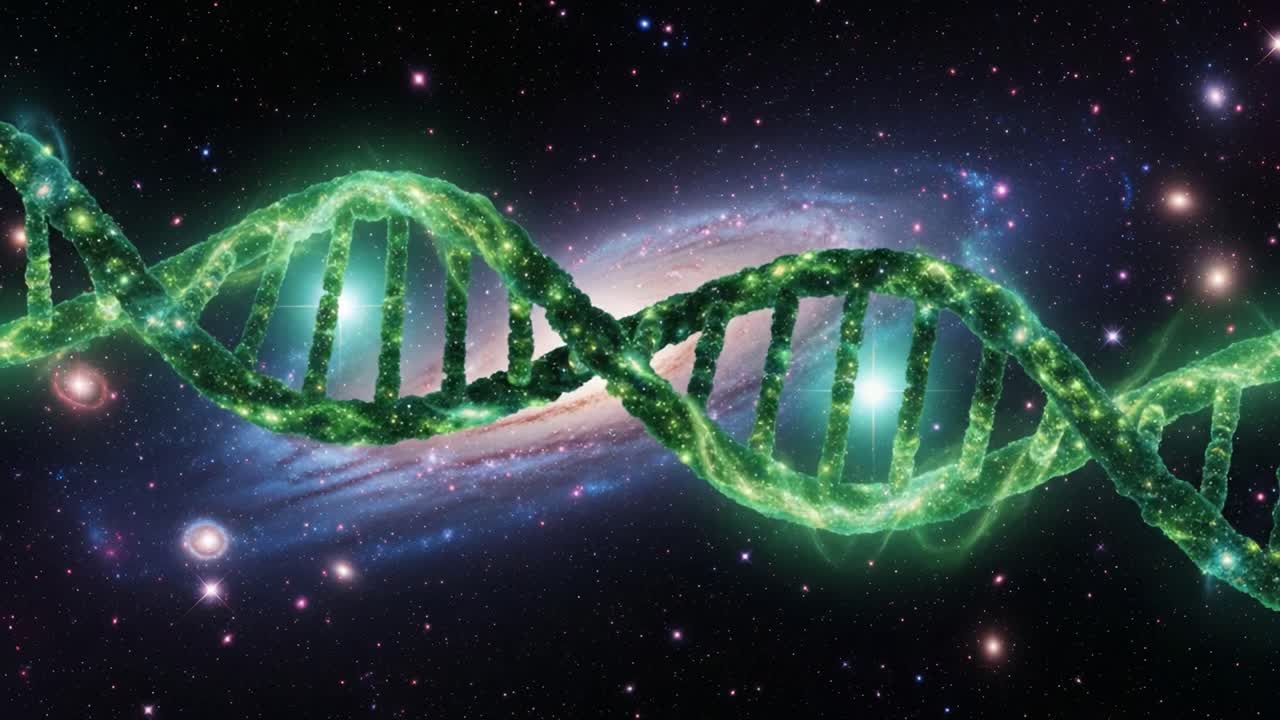 A Stunning Visualization of DNA Helix in Cosmic Background, Illustrating the Intersection of Genetics and the Universe's Vastness