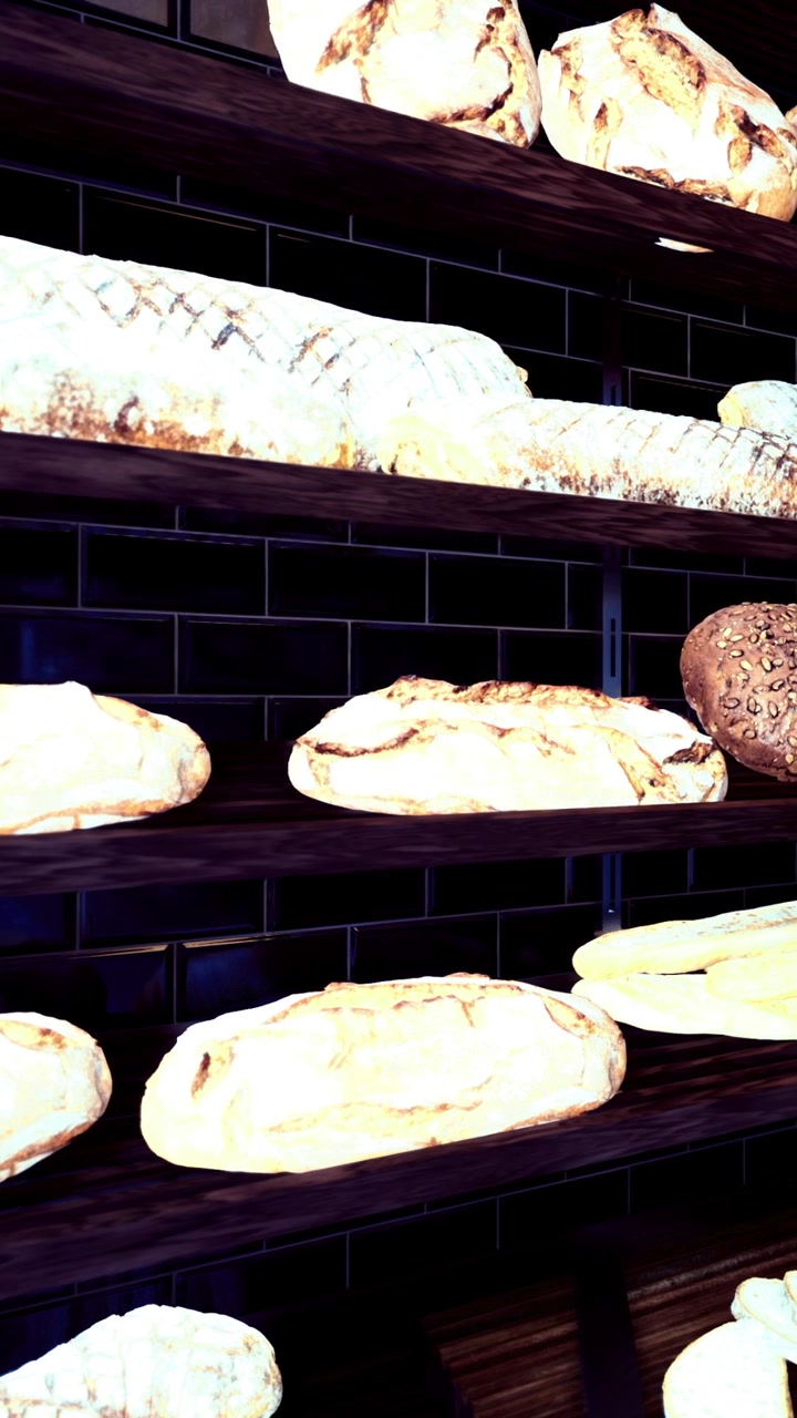 Bakery display with various loaves of bread on wooden shelves in the shop