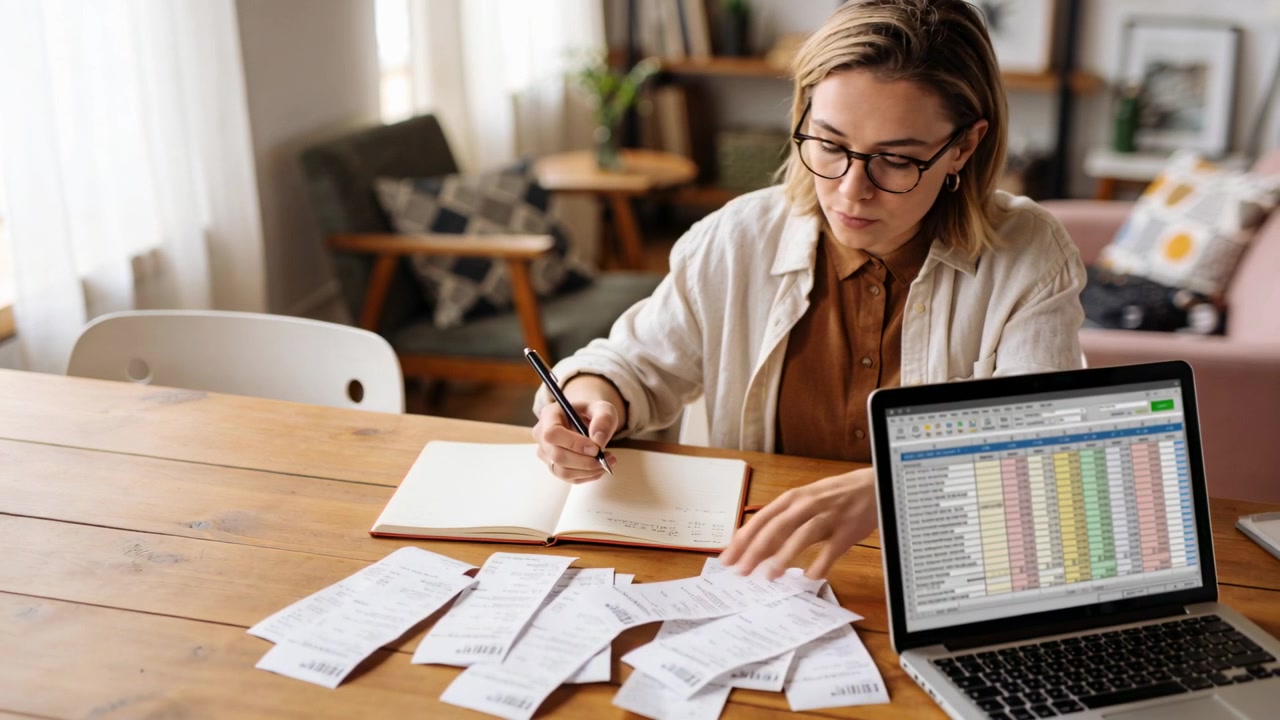 Donna in camicetta marrone che ordina le ricevute, confrontandole con un foglio elettronico sul laptop al tavolo di casa per la gestione del budget.
