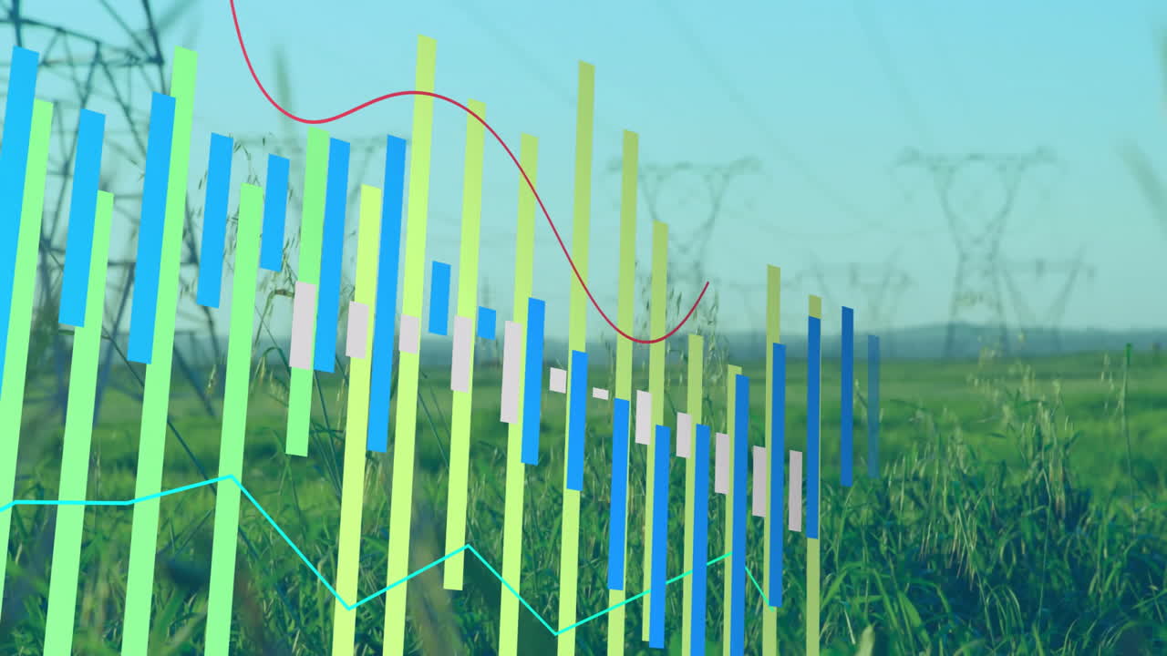 Data overlay showing green white blue bars and red curved cyan jagged lines over grassland pylons