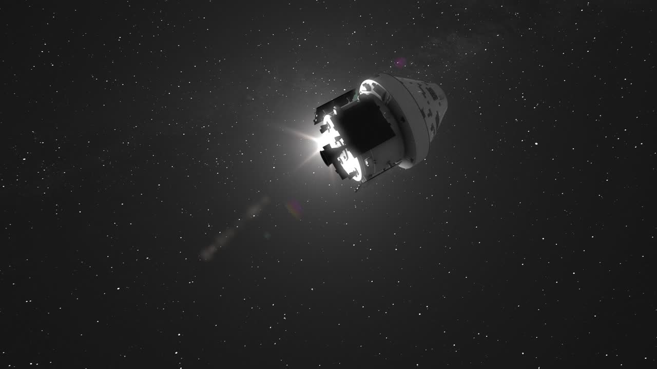 Orion Artemis Capsule Moving and Rotating Through Space Past Sun and Towards Milky Way Galaxy - 3D CGI Animation 4K