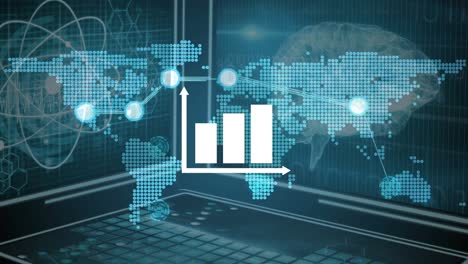 Animation-Eines-Statistikdiagramms-über-Einer-Weltkarte-Auf-Dunkelblauem-Hintergrund