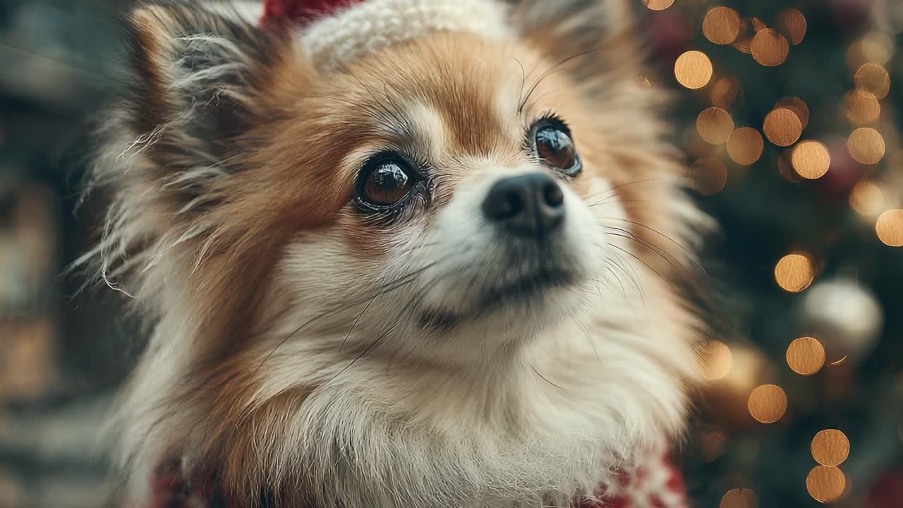 Adorable Chihuahua Dressed in Festive Holiday Attire, Capturing the Joy of the Season with a Charming Expression and Sparkling Background Lights