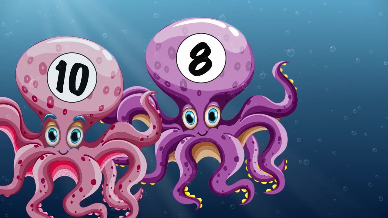 Polpi numerati viola e rosa galleggiano nell'acqua blu con raggi di luce e bolle.