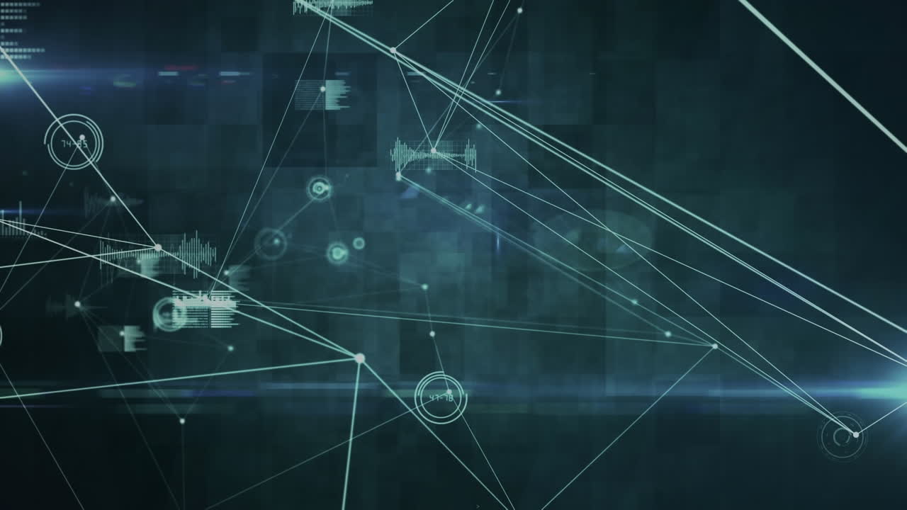 Animation of network of connections, data processing and light spots against black background