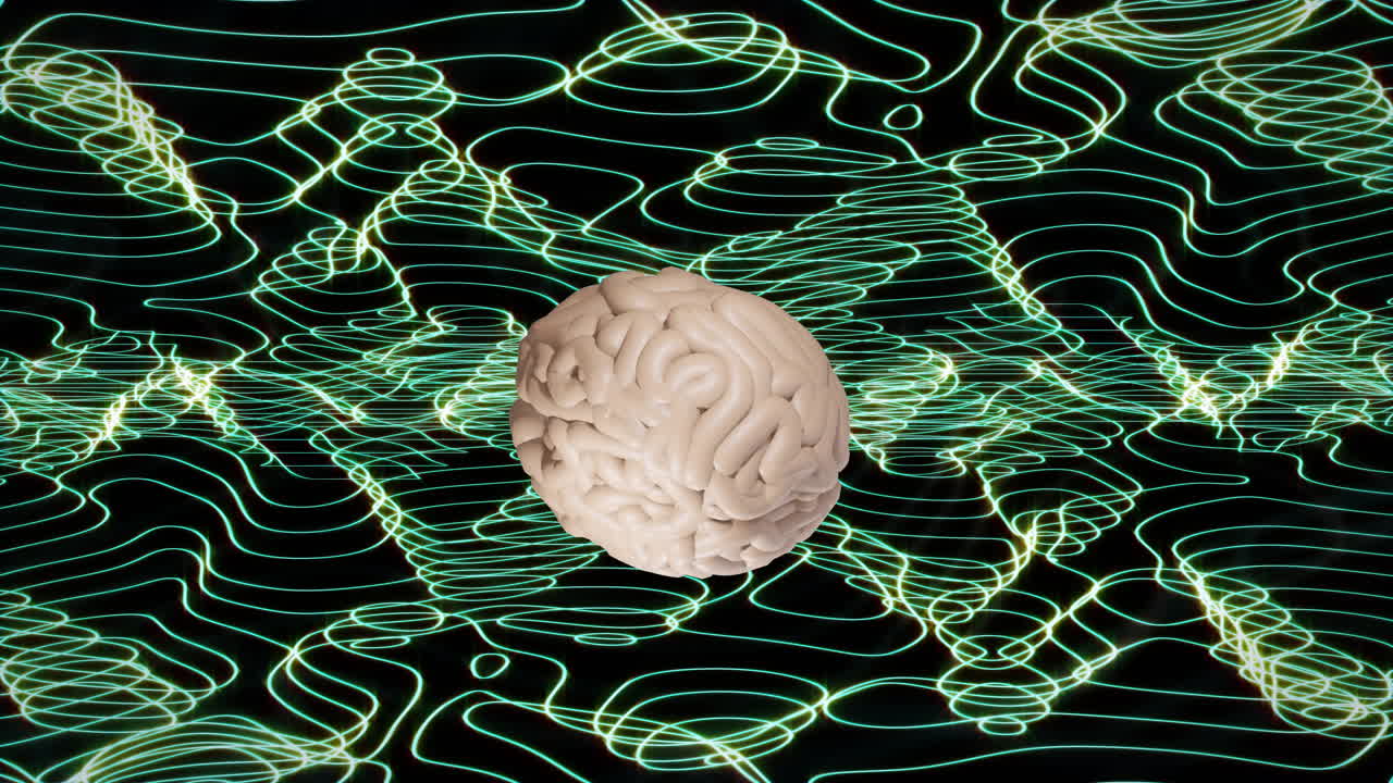 Animation of digital brain spinning over green shapes