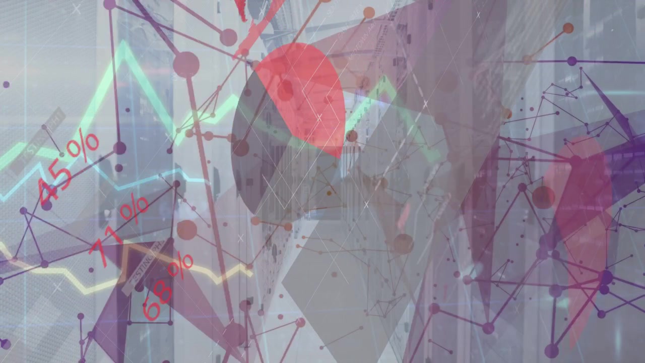 Translucent overlay starting with neon sweep over corridor, expanding purple web, showing metrics