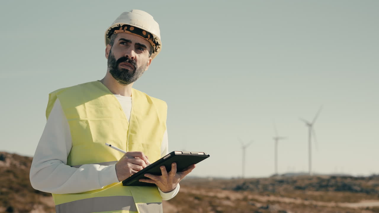 Promoting clean energy and sustainability, a professional engineer in a white helmet and reflective vest uses a tablet to audit wind turbines on a sunny day