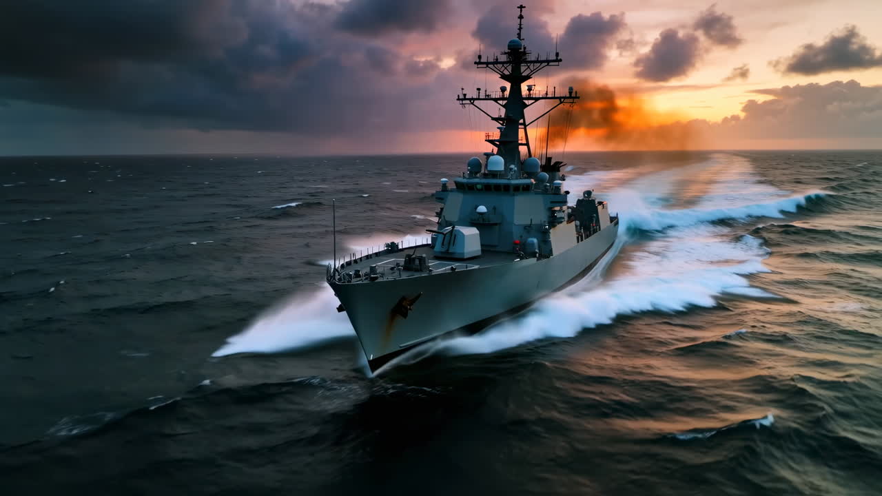 Naval Destroyer at Sea with Dramatic Sunset Sky
