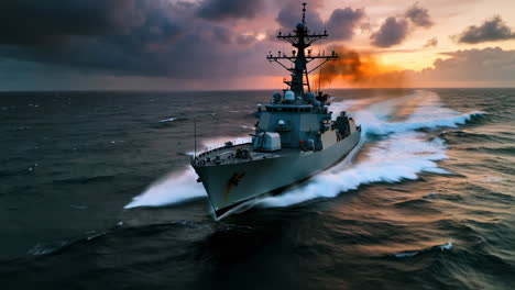 naval destroyer at sea with dramatic sunset sky