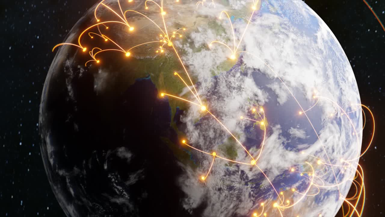 la globalización tecnológica de la tierra en animación 3d. puntos de negocios globales en un planeta giratorio.