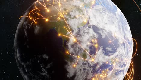 la globalización tecnológica de la tierra en animación 3d. puntos de negocios globales en un planeta giratorio.