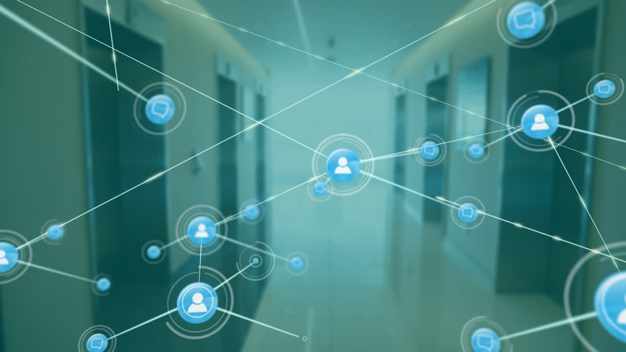 Network of connections and data processing animation over office hallway