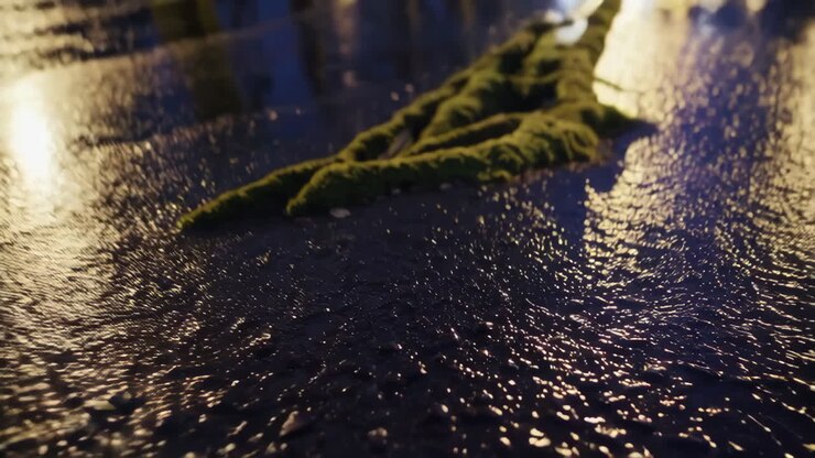 Rainy Night Street Scene with Puddle Reflections