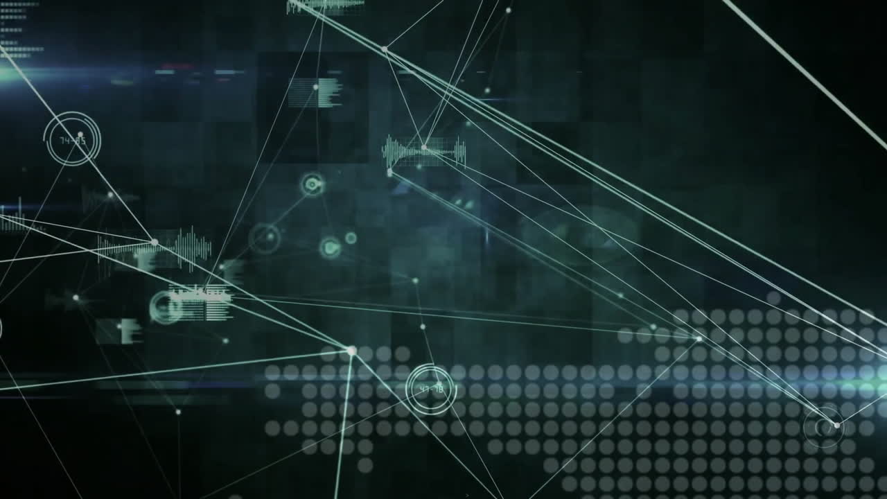 Animation of connections and data processing over dark background