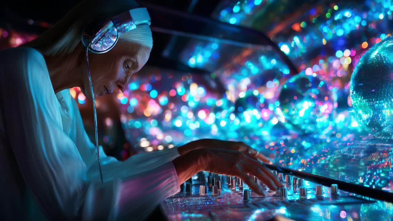 A skilled DJ performs in a vibrant and colorful environment, showcasing artistic talent behind the turntables amidst dazzling lights and reflections that create an engaging atmosphere