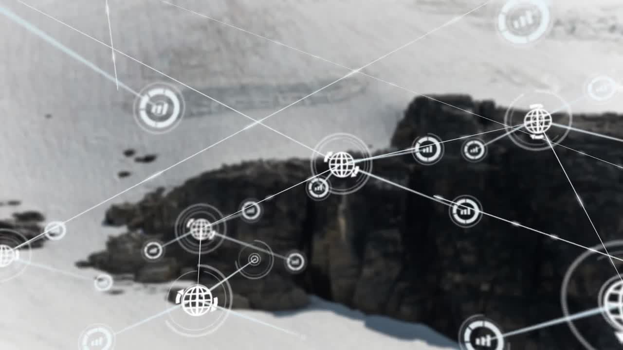 анимация сети соединений с иконами над ландшафтом