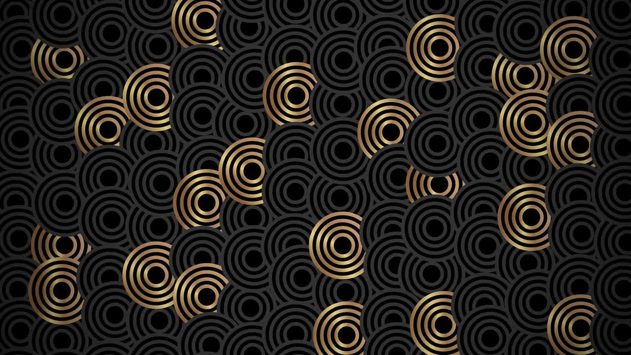 Black background with golden circle design elements in 4k video.