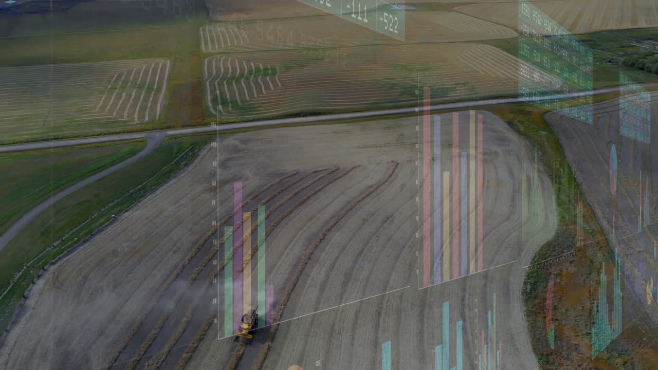Combine harvester harvesting crop rows in aerial farmland, overlaying floating data charts in 3D