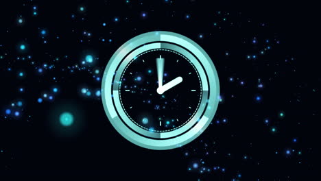 animación de un reloj que se mueve sobre puntos brillantes sobre un fondo negro