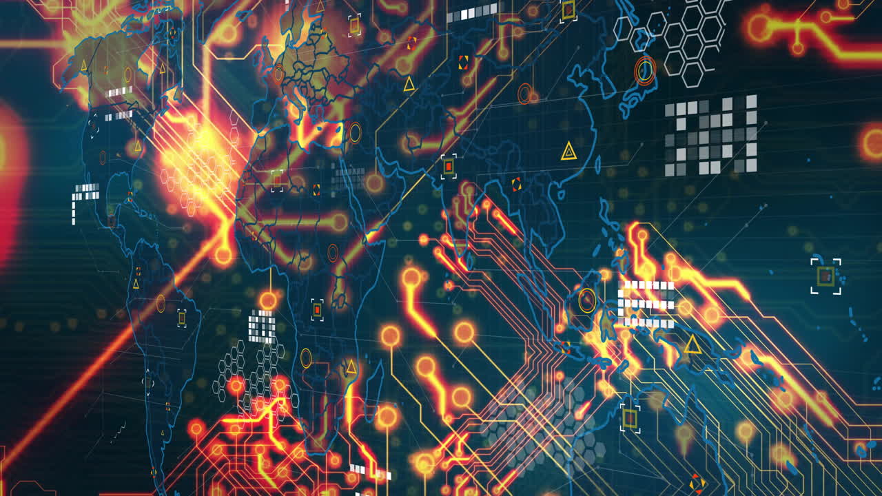 Circuit board with glowing connections and animation of data processing elements