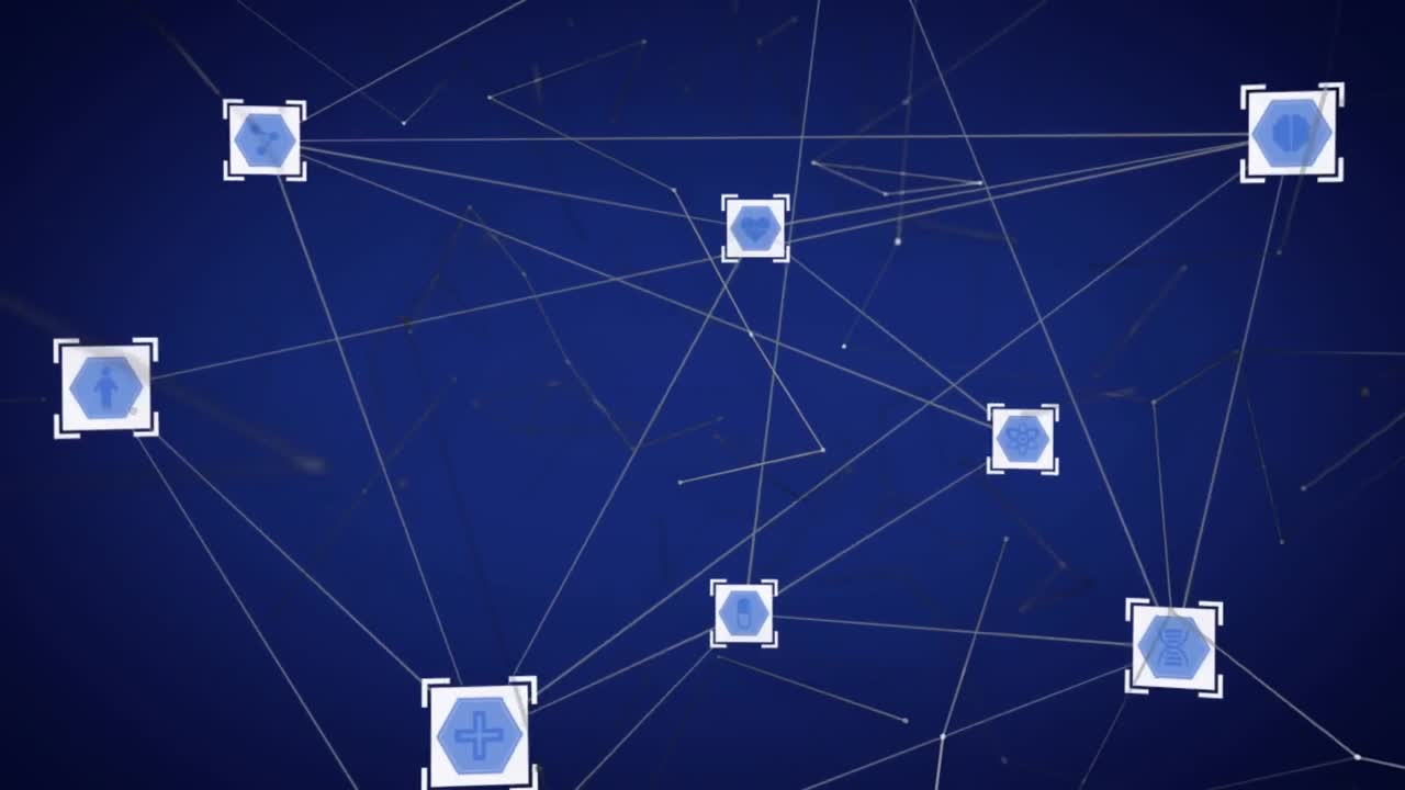Animation of networks of connections with processor icons over blue background