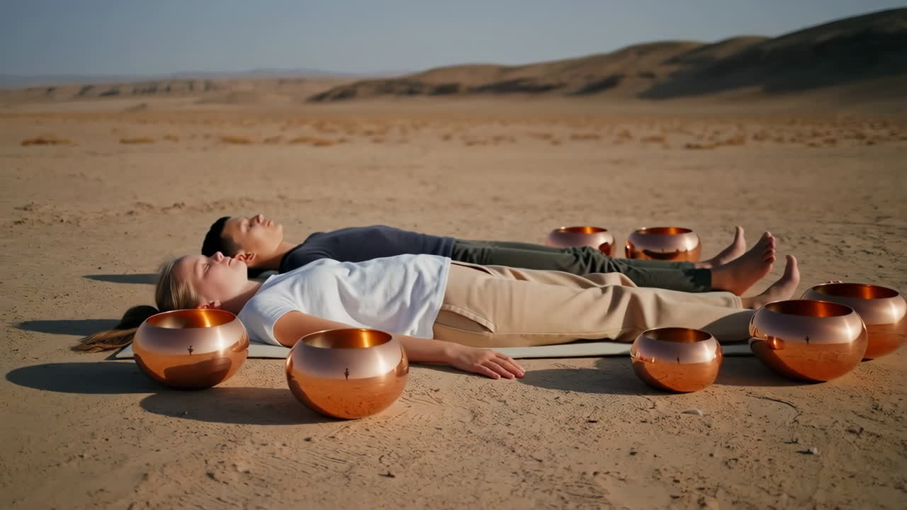 Two People Meditating with Singing Bowls in a Desert Landscape