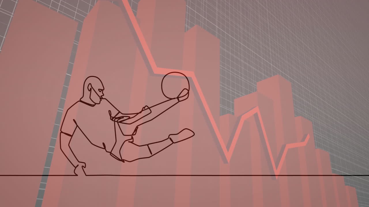 Soccer player kicking ball animation over declining financial graph and bar chart