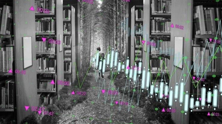 Data analysis animation over person walking through library and forest pathway