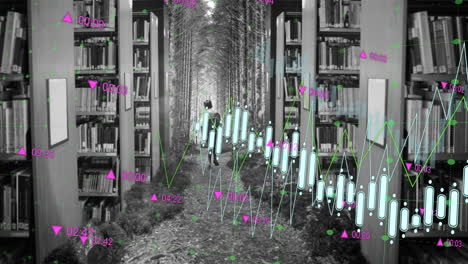 data analysis animation over person walking through library and forest pathway