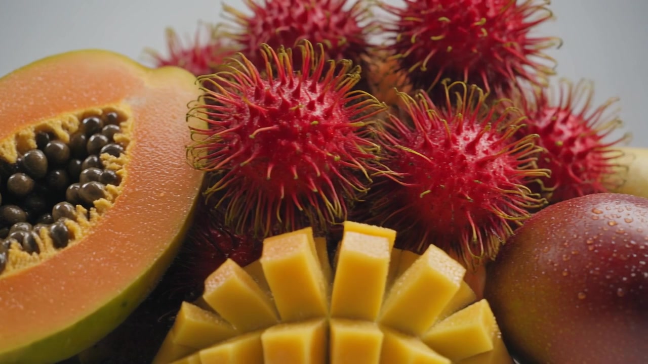 Frutta tropicale assortita, inclusi papaya, mango e rambutan