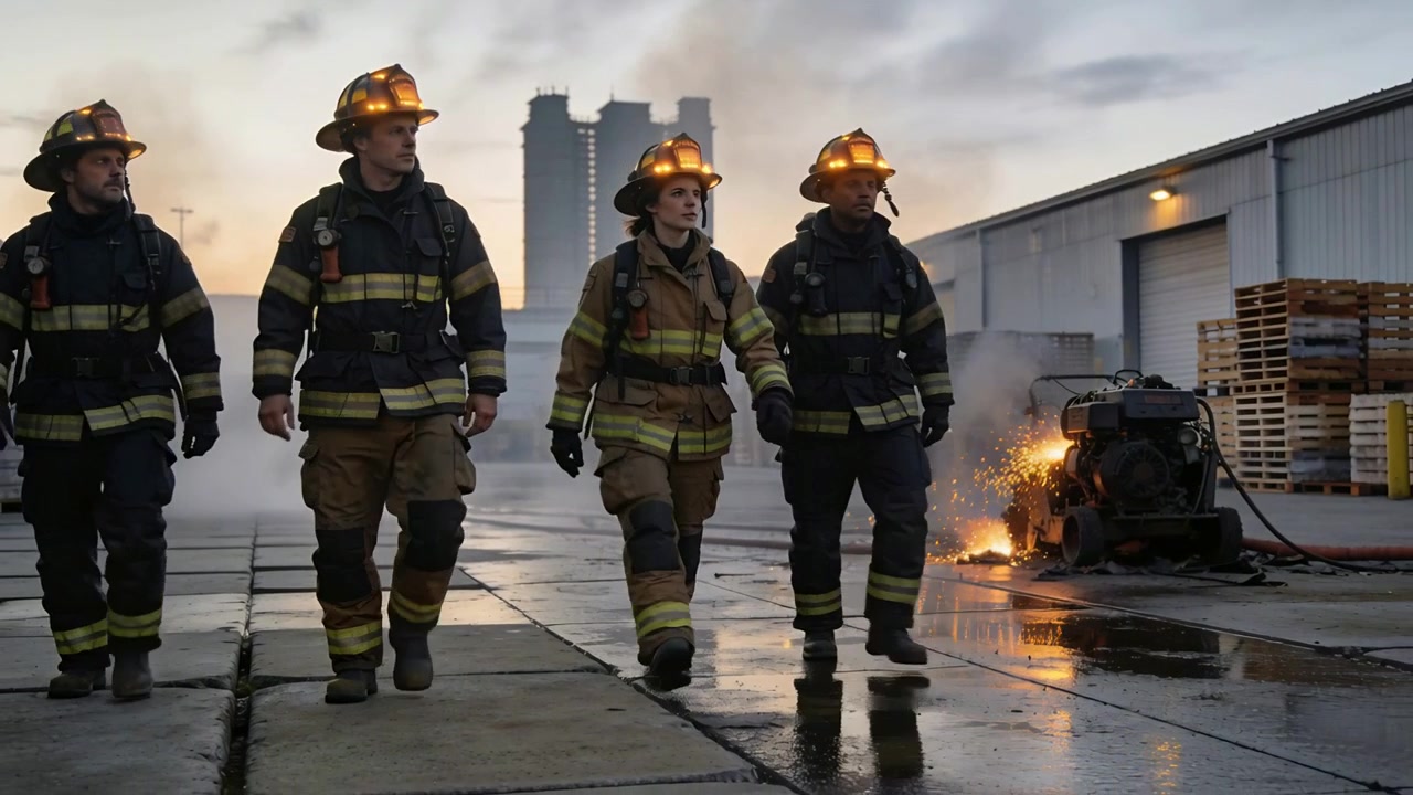 Walking crew in turnout gear prompted by generator fire, crossing warehouse yard with helmets SCBA