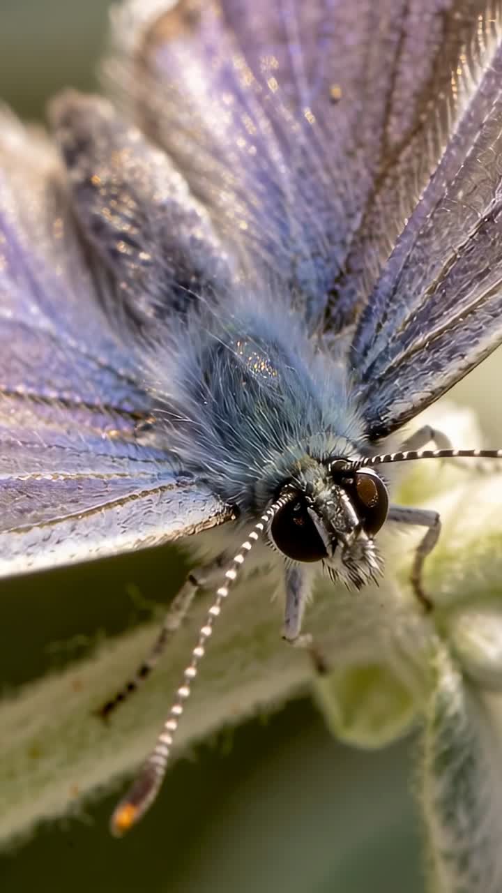 Video verticale: Spostamento della messa a fuoco che mostra una farfalla blu che si muove, regolando la presa su un bocciolo peloso in giardino.