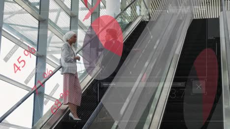 animation of data processing over diverse man and woman discussing on escalator