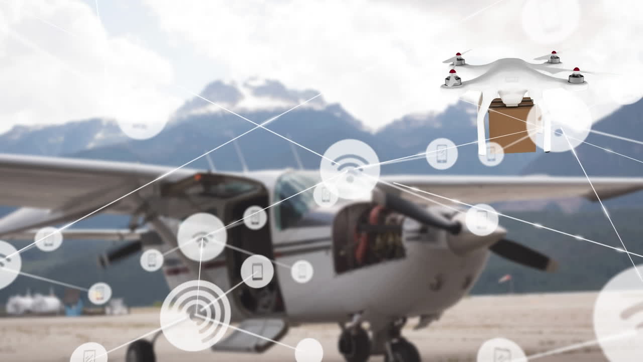 패키지와 함께 배달 드론을 통해 아이콘과 연결 네트워크의 애니메이션