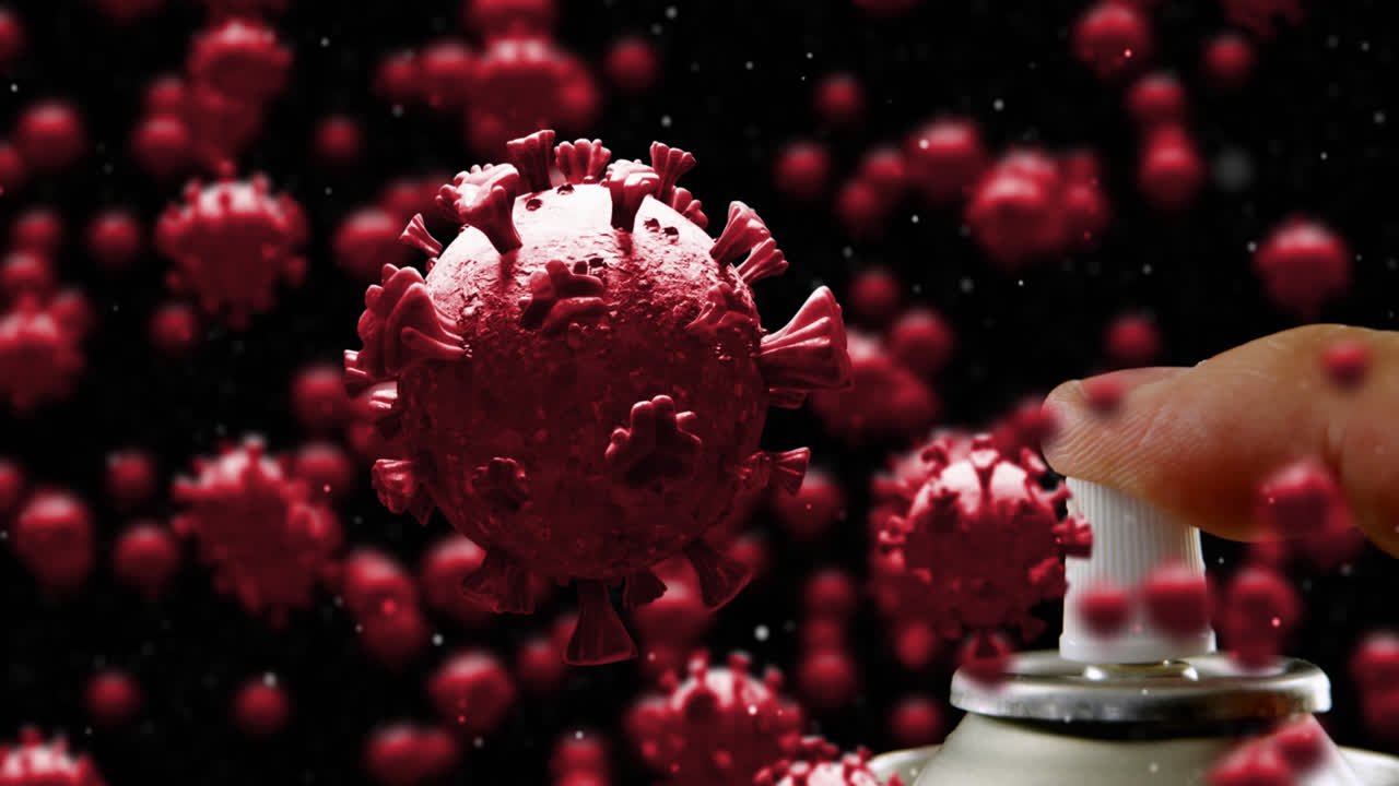 células de covid-19 que se mueven contra la mano usando rociador