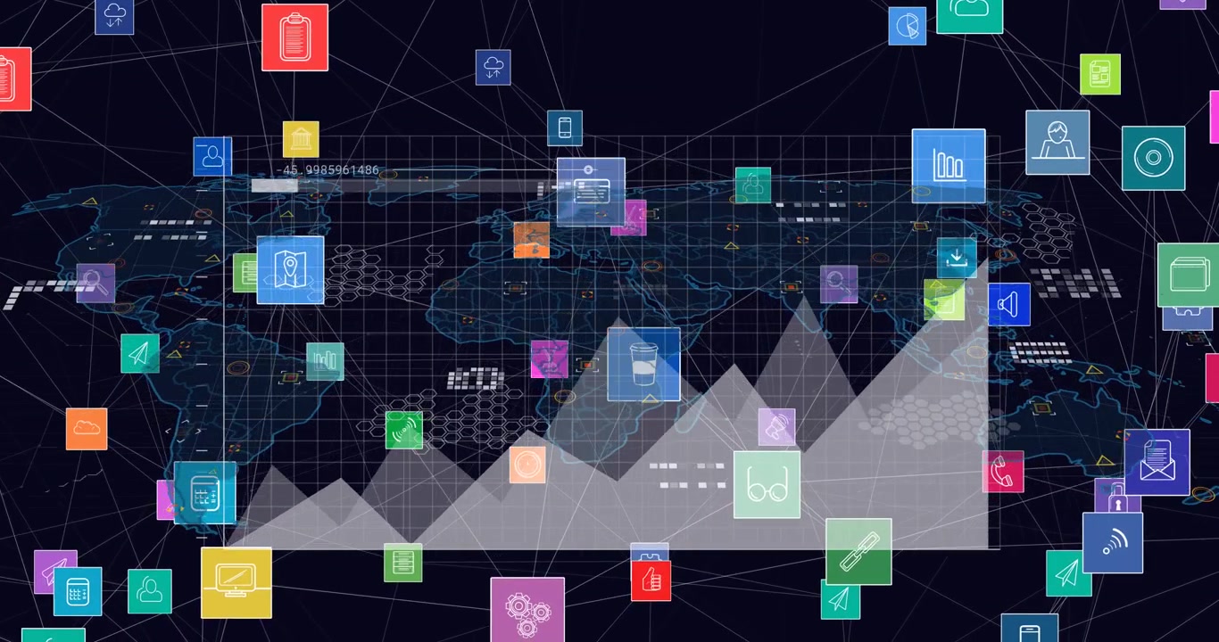 Animation of network of digital icons over statistical data processing against world map