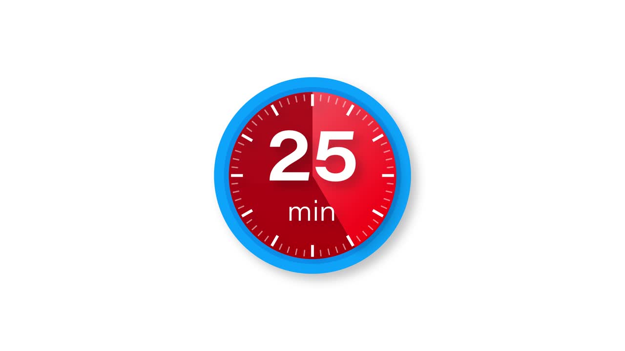The 25 minutes timer. Stopwatch icon in flat style. Motion graphics.