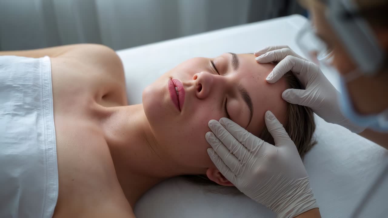 Leaning clinician placing gloved hands on woman's face at spa bed, performing skin assessment