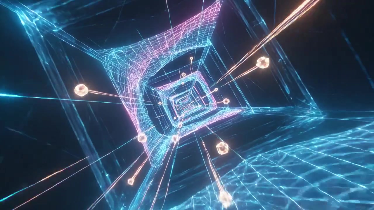 Camera pushing forward in cyberspace revealing neon grid tunnel with streaking nodes for immersion