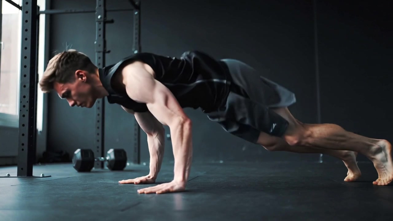 Uomo che salta e fa un burpee in palestra, indossa una canotta e pantaloncini grigi, con manubri nelle vicinanze per l'allenamento.