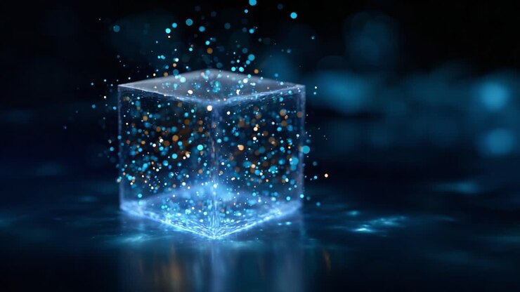 Una sequenza ipnotica che mostra un cubo traslucido circondato da particelle scintillanti, creando un accattivante effetto visivo di variazioni di luce e colore