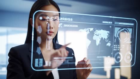businesswoman interacting with a futuristic holographic display