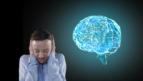 mujer caucásica con dolor de cabeza y cerebro digital en 3d durante la pandemia de coronavirus covid19