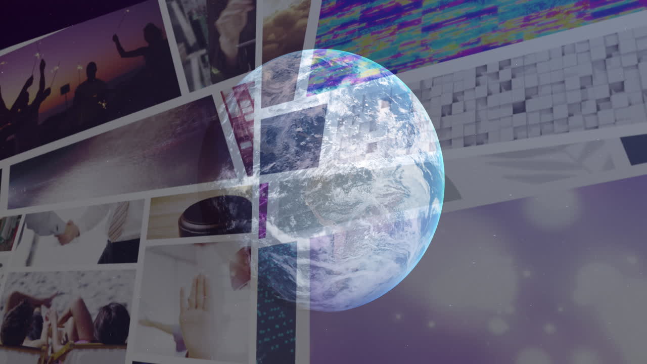 animación del globo en el espacio sobre clips de colores que se reproducen en pantallas compuestas