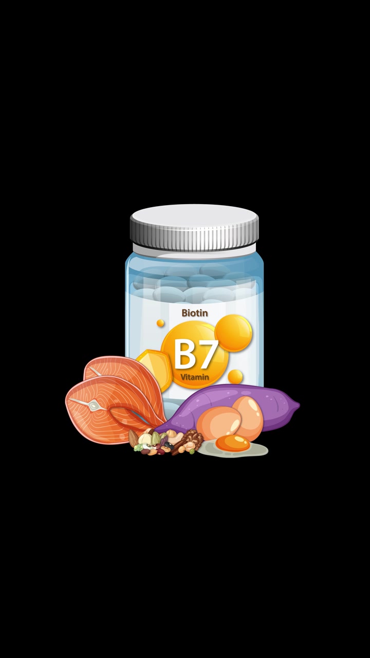 Botol suplemen Vitamin B7 secara bertahap dikelilingi oleh makanan kaya biotin dengan latar belakang hitam, transisi yang mulus