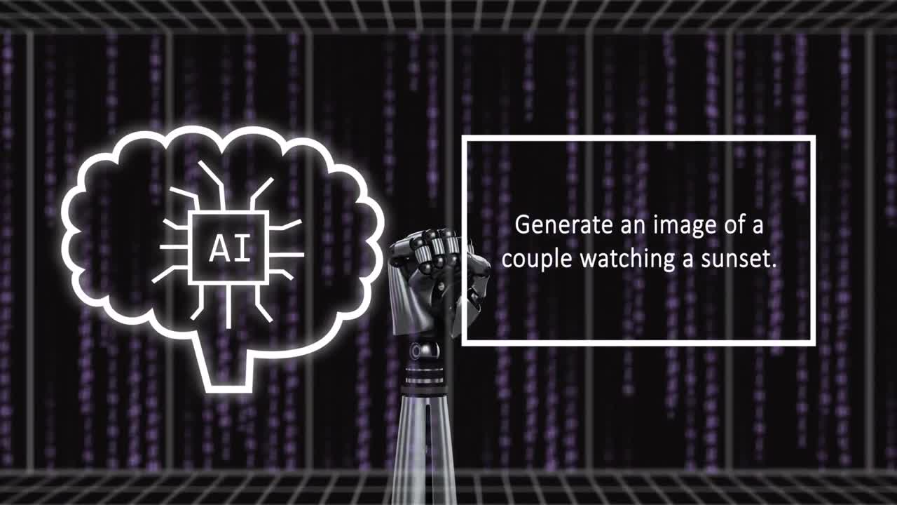 Animation of ai data processing over robot's arm and dark background